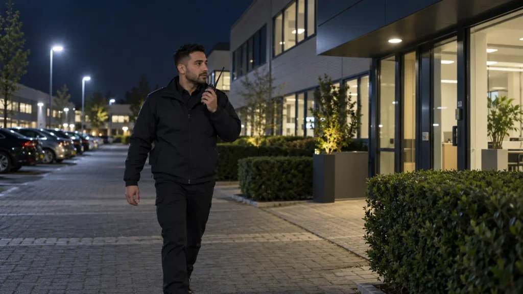 Beveiliging inhuren Amersfoort: surveillant op een bedrijventerrein in de avond