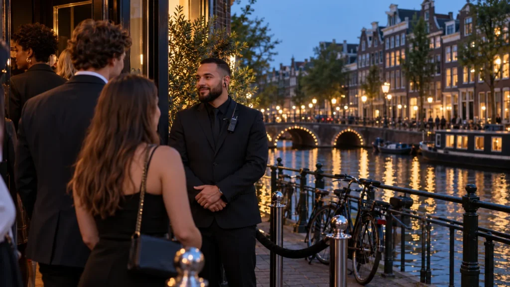Beveiliging inhuren Amsterdam: beveiliger bij een evenementlocatie aan de gracht