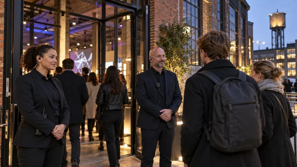Beveiliging inhuren Eindhoven: beveiligers bij een evenement in een oud fabrieksgebouw