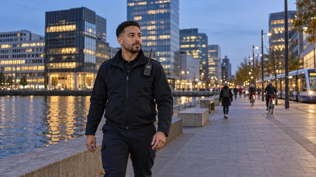 Beveiliging inhuren Rotterdam: beveiliger op een kade tussen kantoortorens