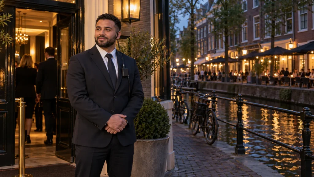 Beveiliging inhuren Utrecht: beveiliger bij een hotelingang aan de gracht