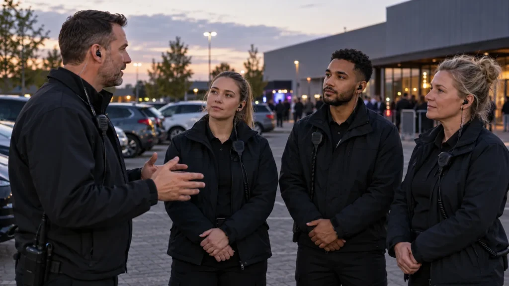 Beveiligingsbedrijf gezocht: teamleider geeft een briefing voor de avonddienst