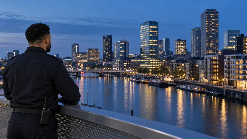 Beveiligingsbedrijf per regio: beveiliger kijkt uit over een stad in de avond
