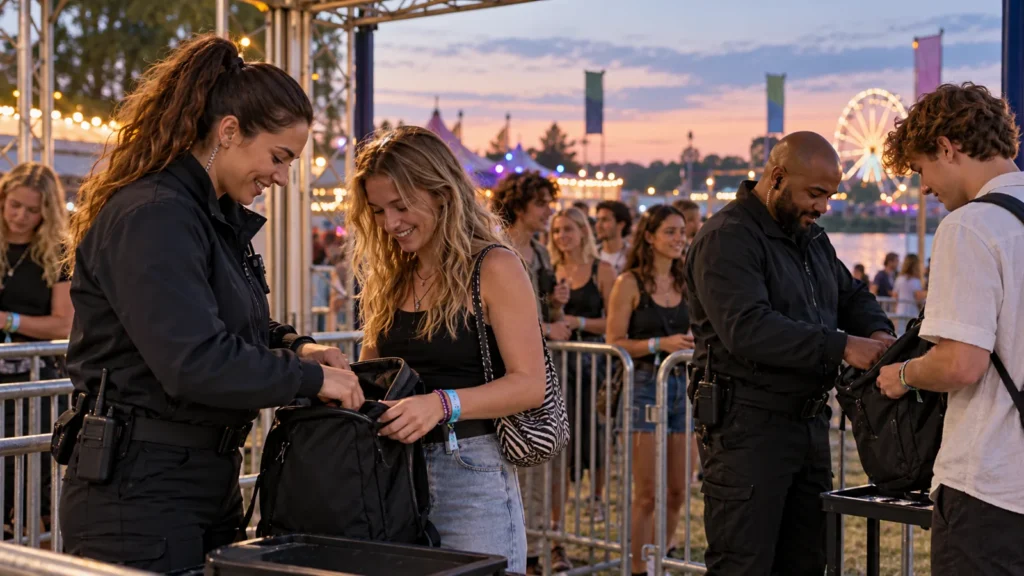 Evenementenbeveiliging: tassencontrole bij de ingang van een festival