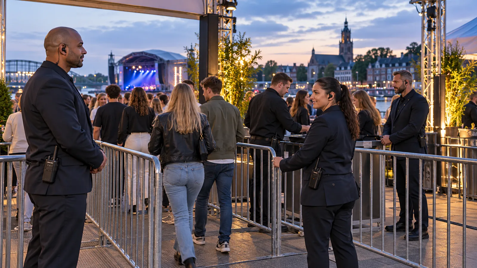 Beveiligers bij de toegang van een evenement in de avond