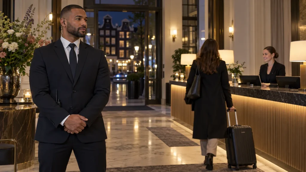 Hotelbeveiliging: beveiliger in een hotellobby in de avond