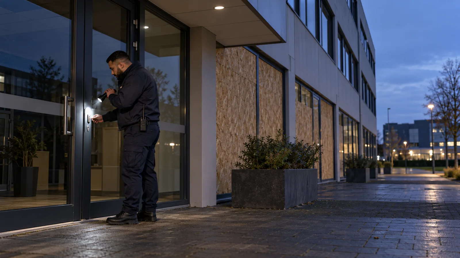 Beveiliger controleert de deur van een leegstaand pand