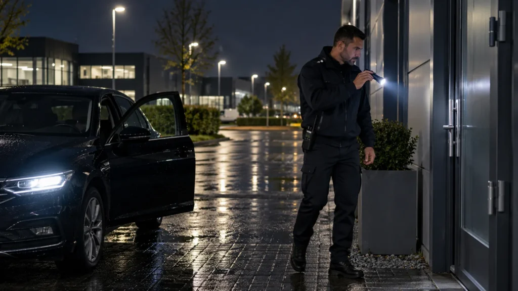 Mobiele surveillance: surveillant controleert 's nachts de deur van een bedrijfspand