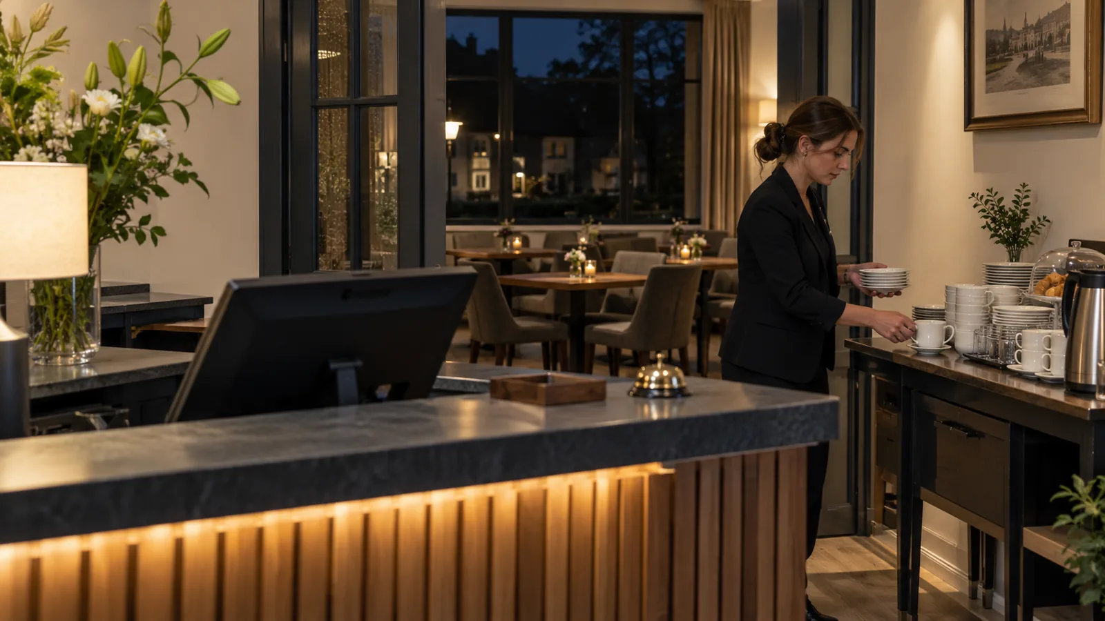 Nachtreceptionist zet het ontbijt klaar in een stil hotel