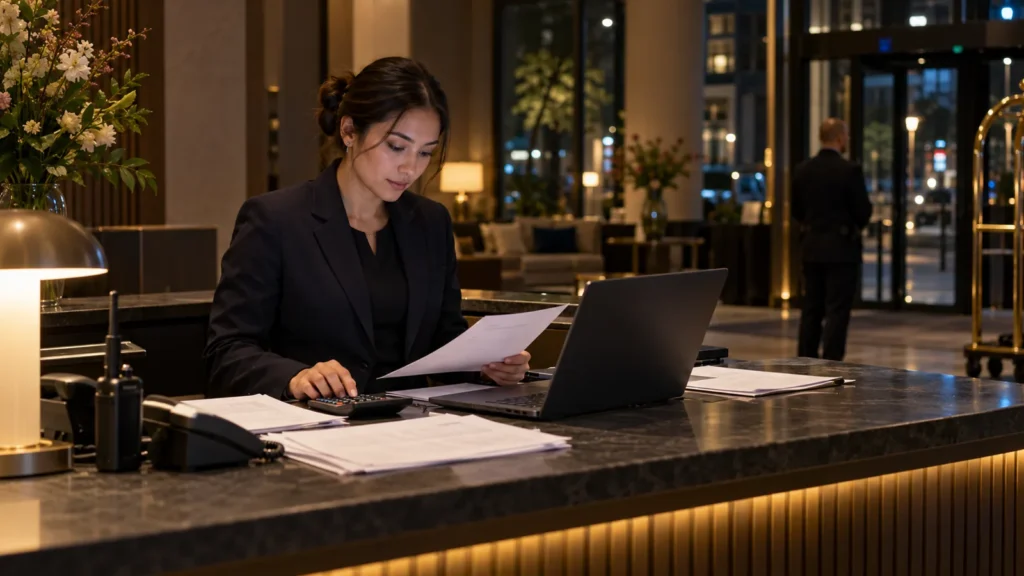 Night auditor aan de receptie met rapporten en laptop voor de dagafsluiting