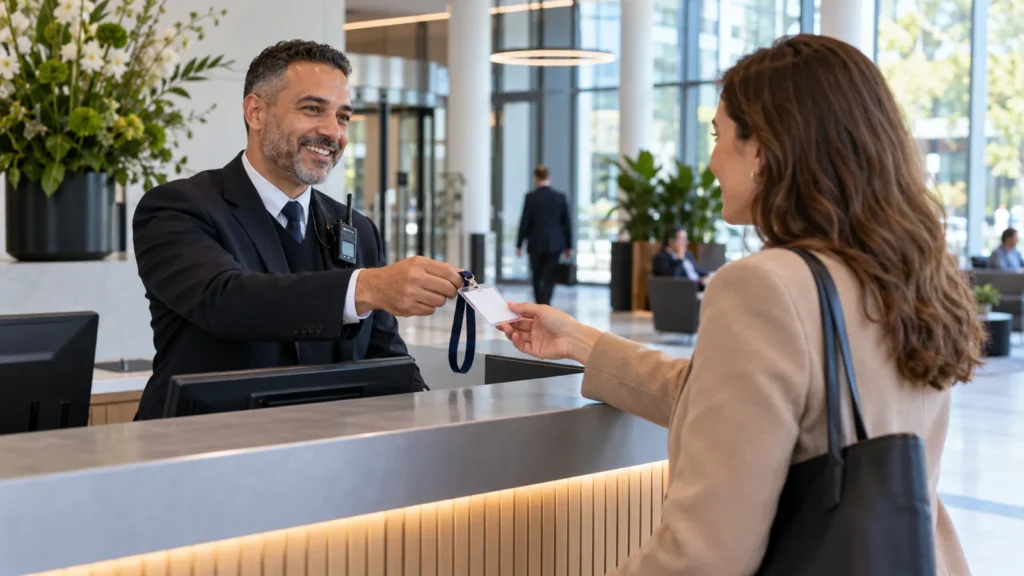 Objectbeveiliging: beveiliger aan de receptie geeft een bezoekerspas af