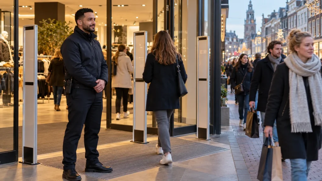 Winkelbeveiliging: beveiliger bij de ingang van een winkel in een drukke winkelstraat